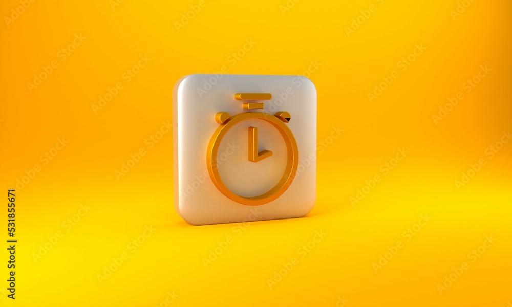 Gold Stopwatch icon isolated on yellow background. Time timer sign. Chronometer sign. Silver square 