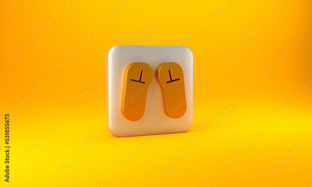 Gold Slipper icon isolated on yellow background. Flip flops sign. Silver square button. 3D render il