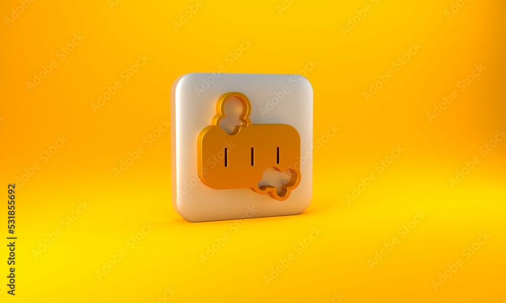 Gold Bar of soap with foam icon isolated on yellow background. Soap bar with bubbles. Silver square 