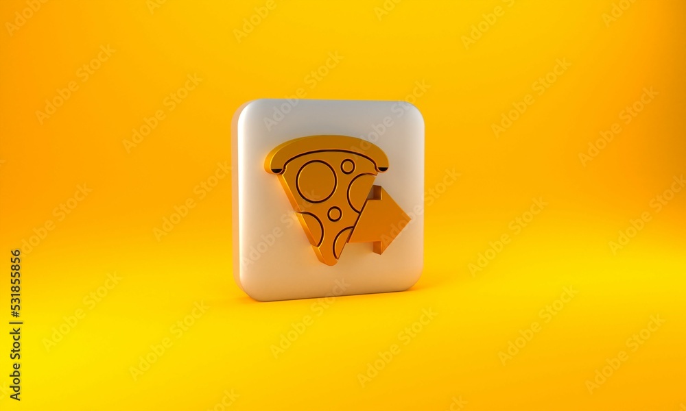 Gold Online ordering and fast pizza delivery icon isolated on yellow background. Silver square butto