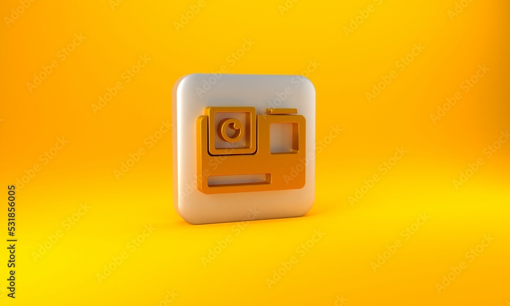 Gold Action extreme camera icon isolated on yellow background. Video camera equipment for filming ex