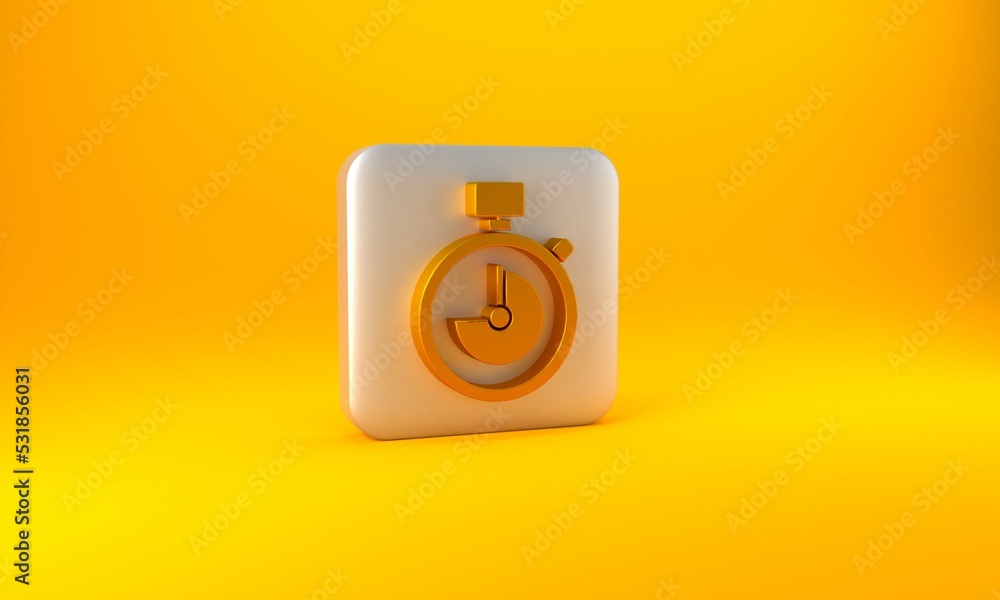 Gold Stopwatch icon isolated on yellow background. Time timer sign. Chronometer sign. Silver square 