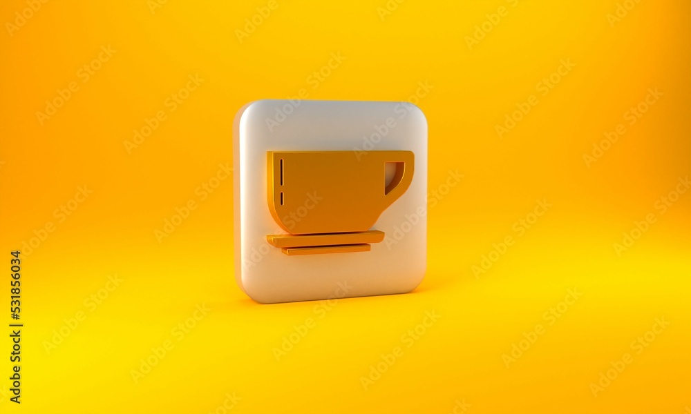 Gold Coffee cup icon isolated on yellow background. Tea cup. Hot drink coffee. Silver square button.