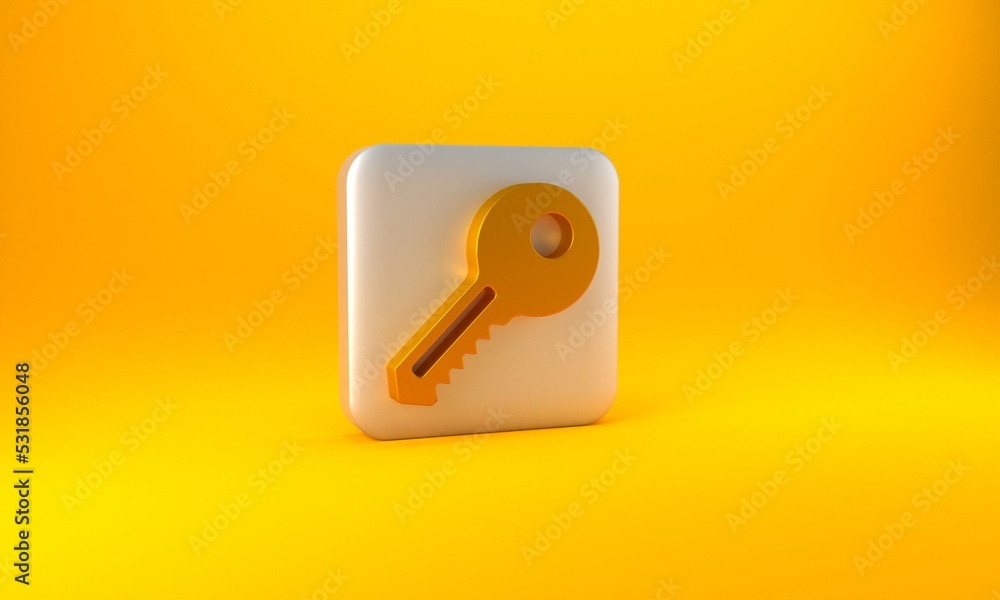 Gold Key icon isolated on yellow background. Silver square button. 3D render illustration