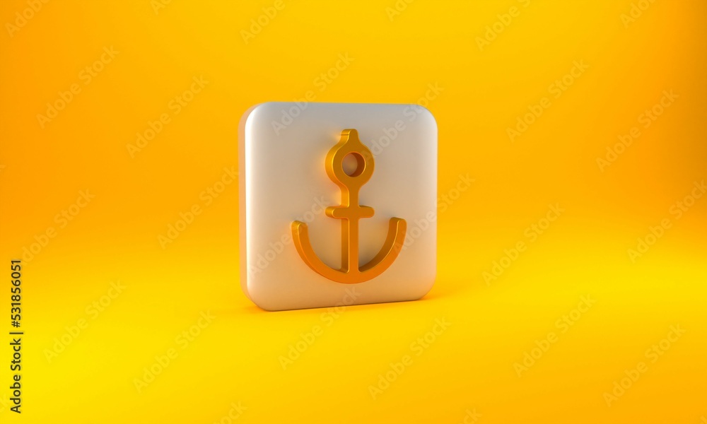 Gold Anchor icon isolated on yellow background. Silver square button. 3D render illustration