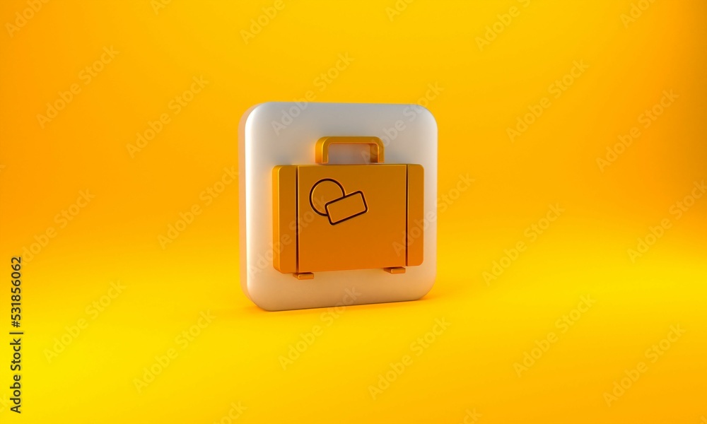 Gold Suitcase for travel icon isolated on yellow background. Traveling baggage sign. Travel luggage 