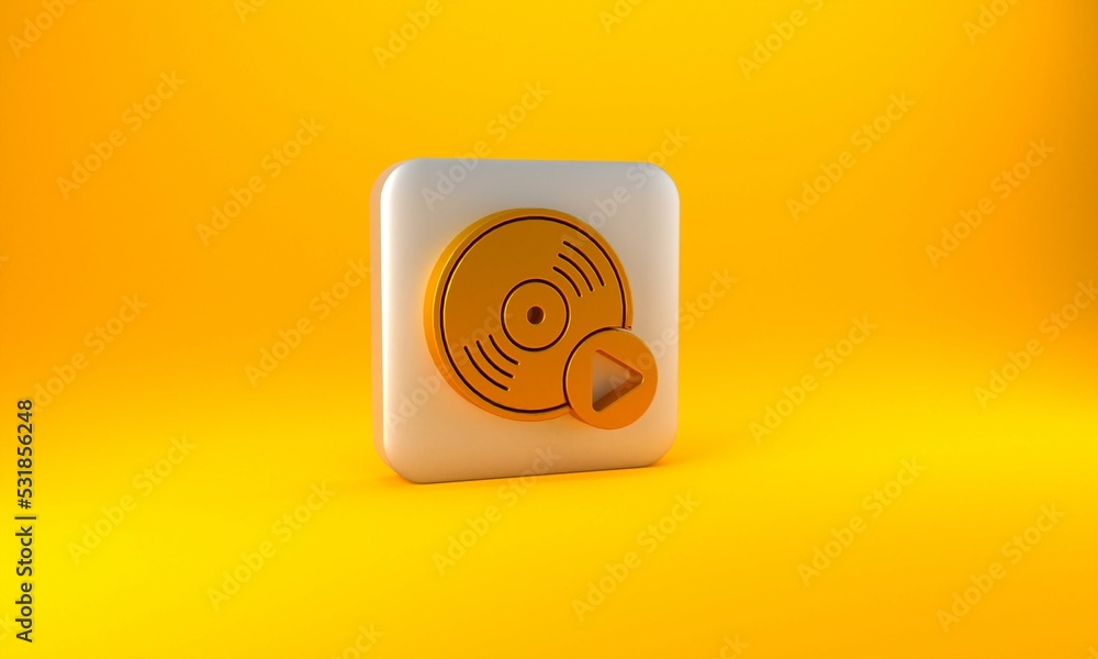 Gold Vinyl disk icon isolated on yellow background. Silver square button. 3D render illustration