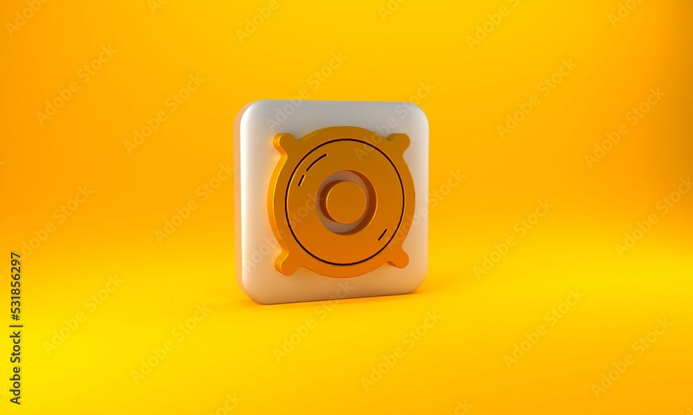 Gold Stereo speaker icon isolated on yellow background. Sound system speakers. Music icon. Musical c