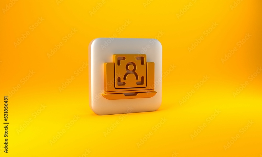 Gold Laptop with face recognition icon isolated on yellow background. Face identification scanner ic