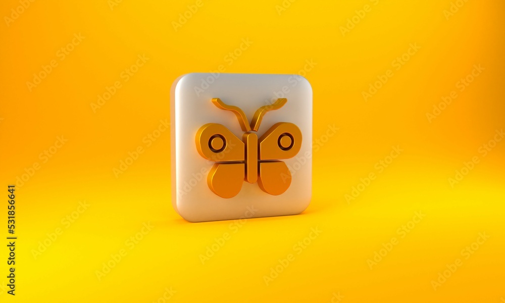 Gold Butterfly icon isolated on yellow background. Silver square button. 3D render illustration