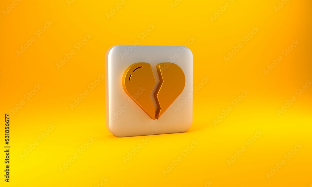 Gold Broken heart or divorce icon isolated on yellow background. Love symbol. Valentines day. Silver