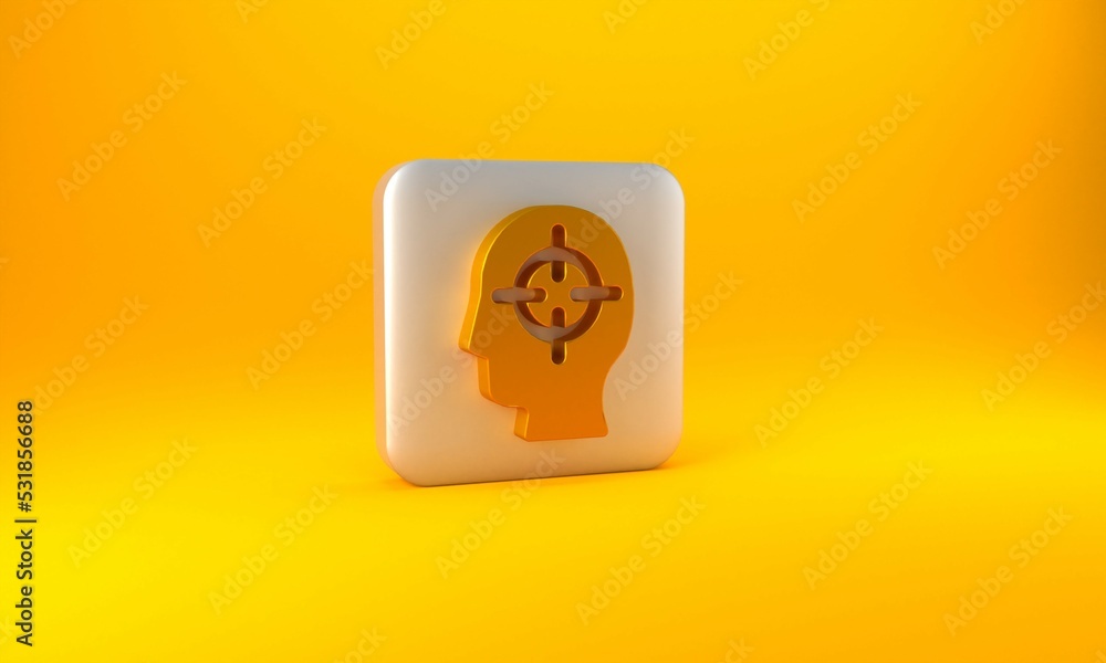 Gold Finding a problem in psychology icon isolated on yellow background. Silver square button. 3D re