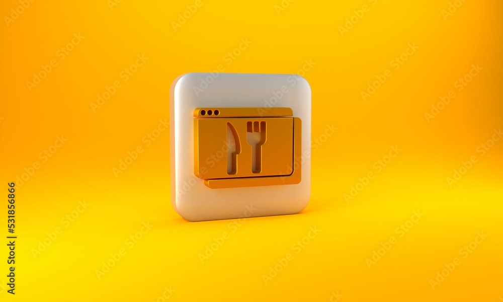 Gold Online ordering and fast food delivery icon isolated on yellow background. Silver square button