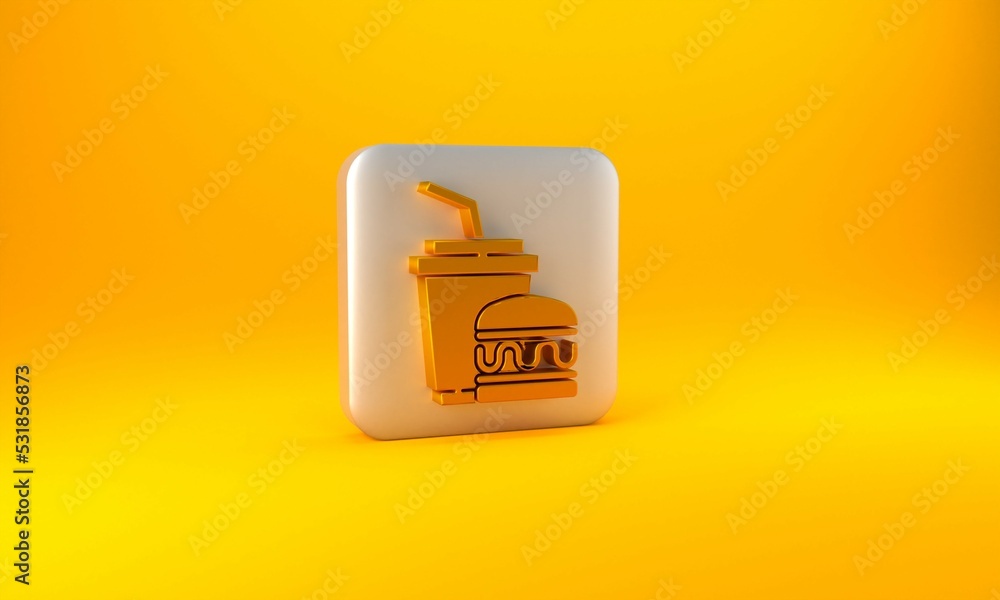 Gold Paper glass with drinking straw and burger icon isolated on yellow background. Soda aqua drink 