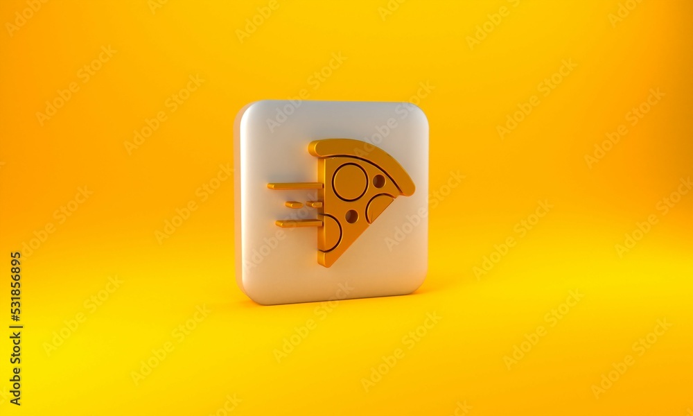 Gold Online ordering and fast pizza delivery icon isolated on yellow background. Silver square butto