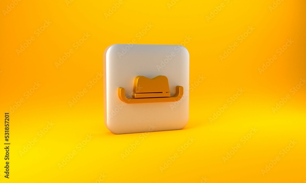 Gold Western cowboy hat icon isolated on yellow background. Silver square button. 3D render illustra