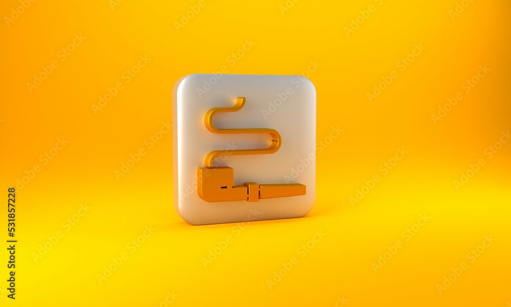 Gold Native American indian smoking pipe icon isolated on yellow background. Silver square button. 3