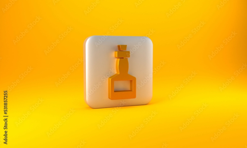 Gold Tabasco sauce icon isolated on yellow background. Chili cayenne spicy pepper sauce. Silver squa