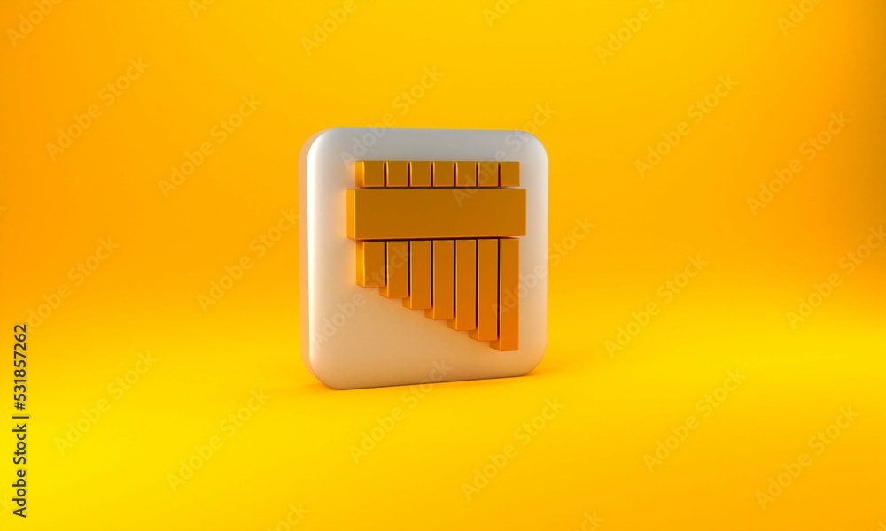 Gold Pan flute icon isolated on yellow background. Traditional peruvian musical instrument. Zampona.