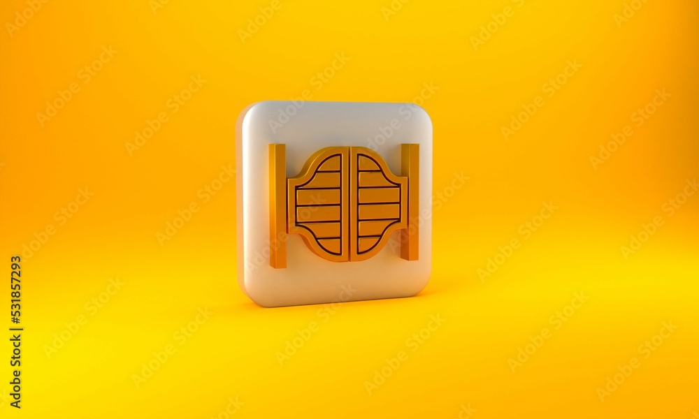 Gold Old western swinging saloon door icon isolated on yellow background. Silver square button. 3D r