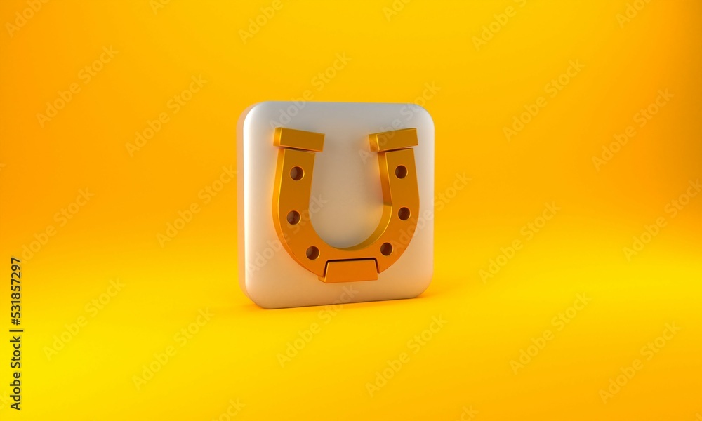 Gold Horseshoe icon isolated on yellow background. Silver square button. 3D render illustration