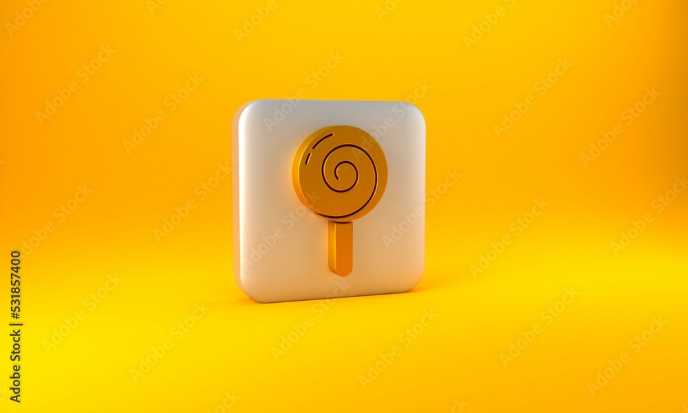 Gold Lollipop icon isolated on yellow background. Food, delicious symbol. Silver square button. 3D r