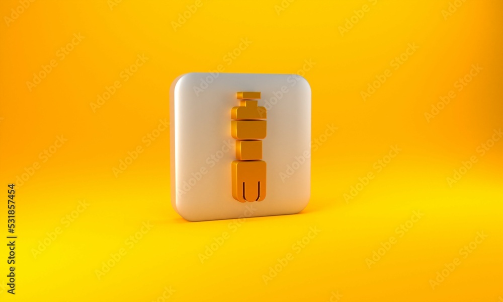 Gold Bottle of water icon isolated on yellow background. Soda aqua drink sign. Silver square button.