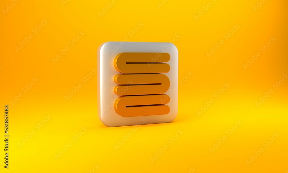 Gold Towel stack icon isolated on yellow background. Silver square button. 3D render illustration