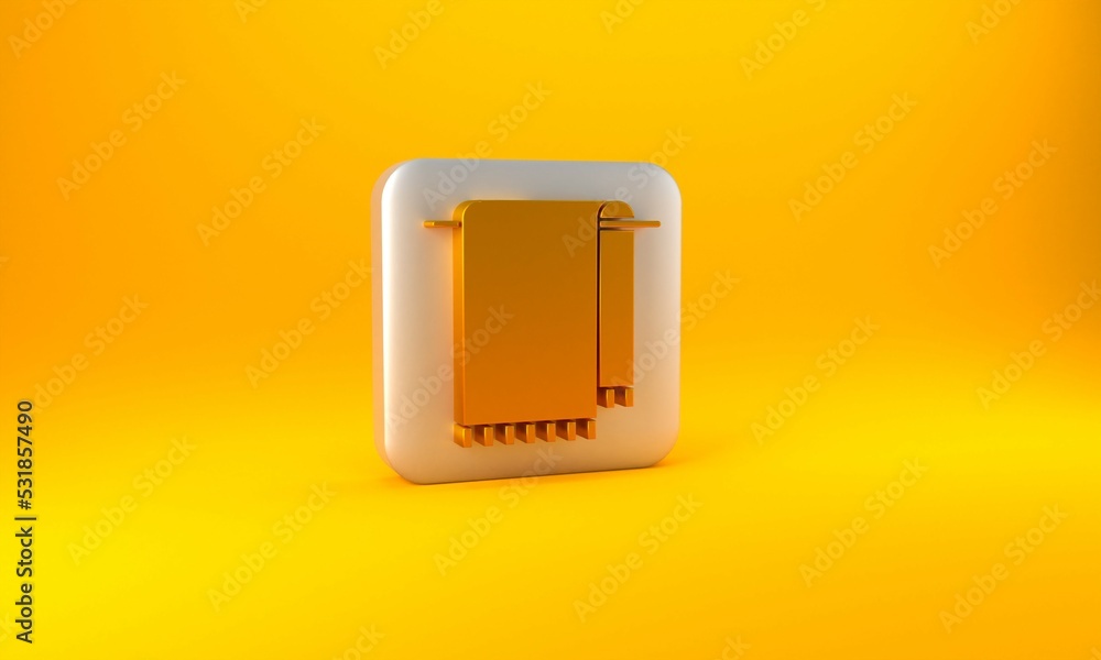 Gold Towel on a hanger icon isolated on yellow background. Bathroom towel icon. Silver square button