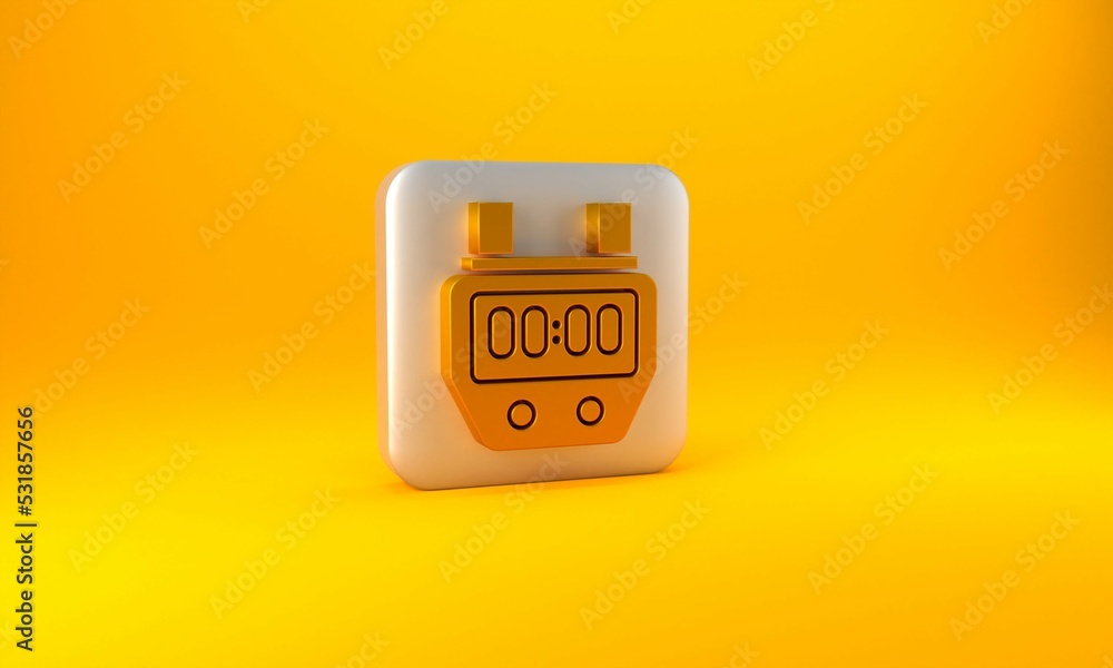 Gold Stopwatch icon isolated on yellow background. Time timer sign. Chronometer sign. Silver square 