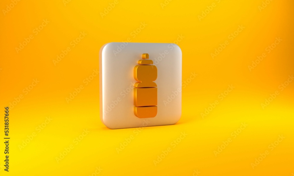 Gold Fitness shaker icon isolated on yellow background. Sports shaker bottle with lid for water and 