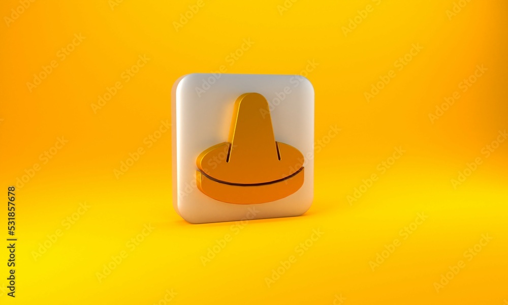 Gold Mallet and puck for playing air hockey game icon isolated on yellow background. Silver square b