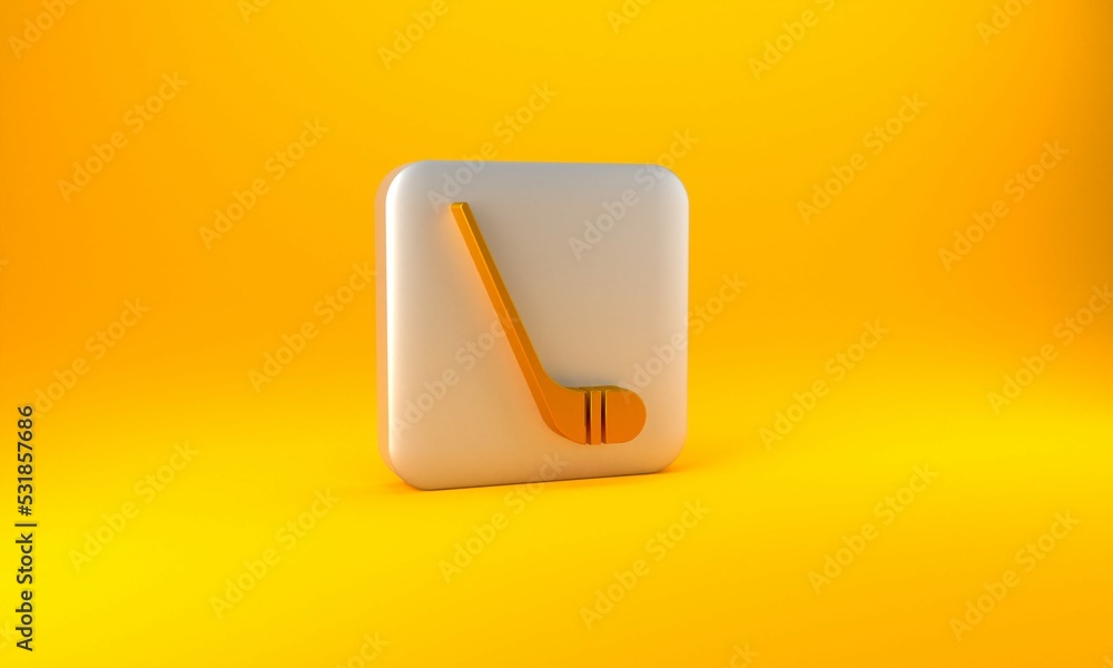 Gold Ice hockey sticks icon isolated on yellow background. Silver square button. 3D render illustrat