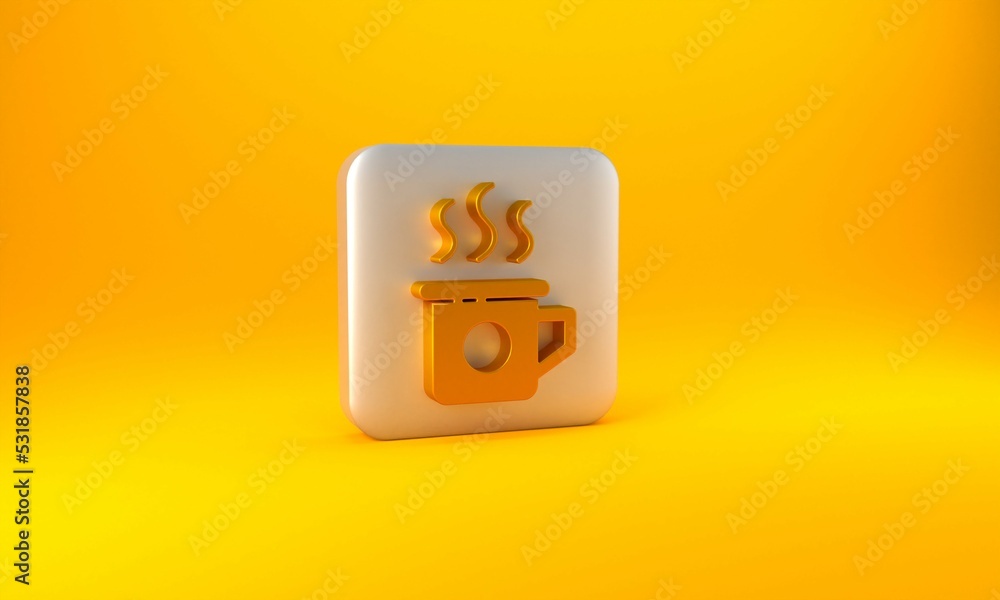 Gold Cup of tea icon isolated on yellow background. Sweet natural food. Silver square button. 3D ren