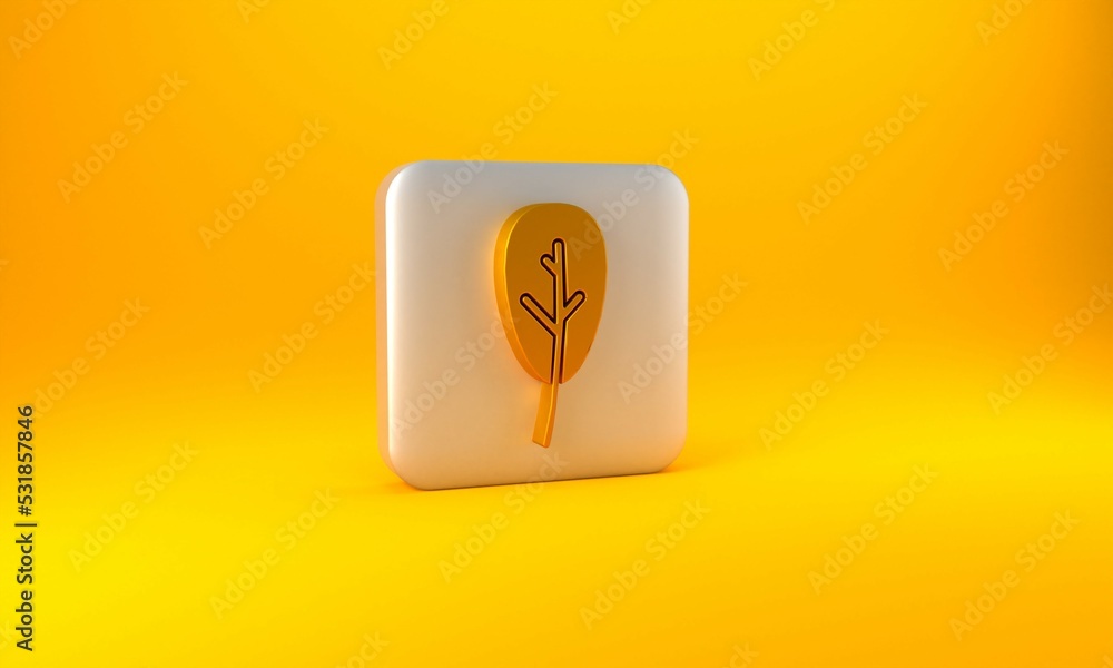 Gold Leaf icon isolated on yellow background. Leaves sign. Fresh natural product symbol. Silver squa