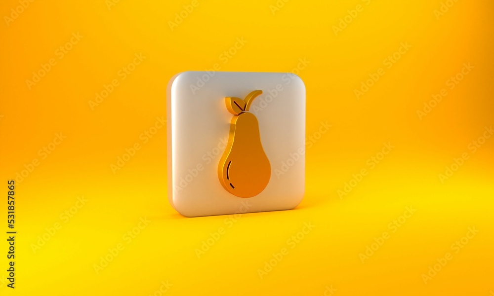 Gold Pear icon isolated on yellow background. Fruit with leaf symbol. Silver square button. 3D rende