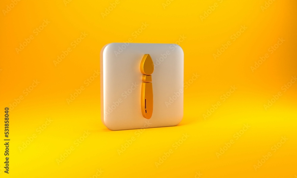 Gold Paint brush icon isolated on yellow background. Silver square button. 3D render illustration