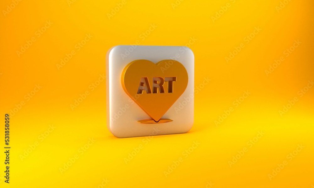 Gold Heart with text art icon isolated on yellow background. Silver square button. 3D render illustr