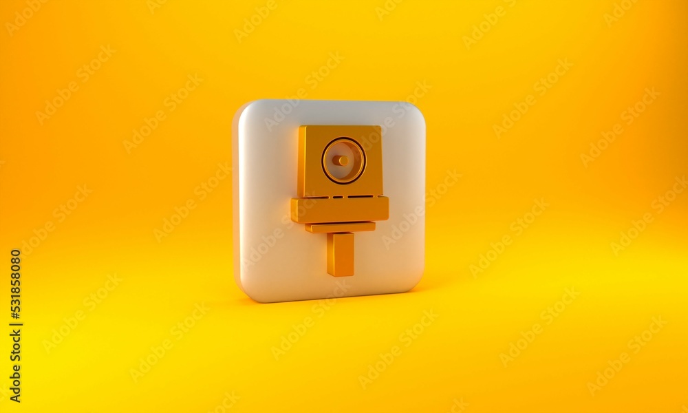 Gold Spray can nozzle cap icon isolated on yellow background. Silver square button. 3D render illust