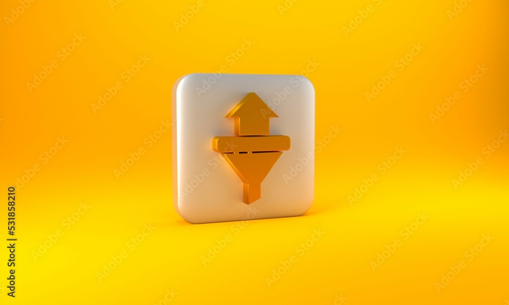 Gold Sales funnel with arrows for marketing and startup business icon isolated on yellow background.