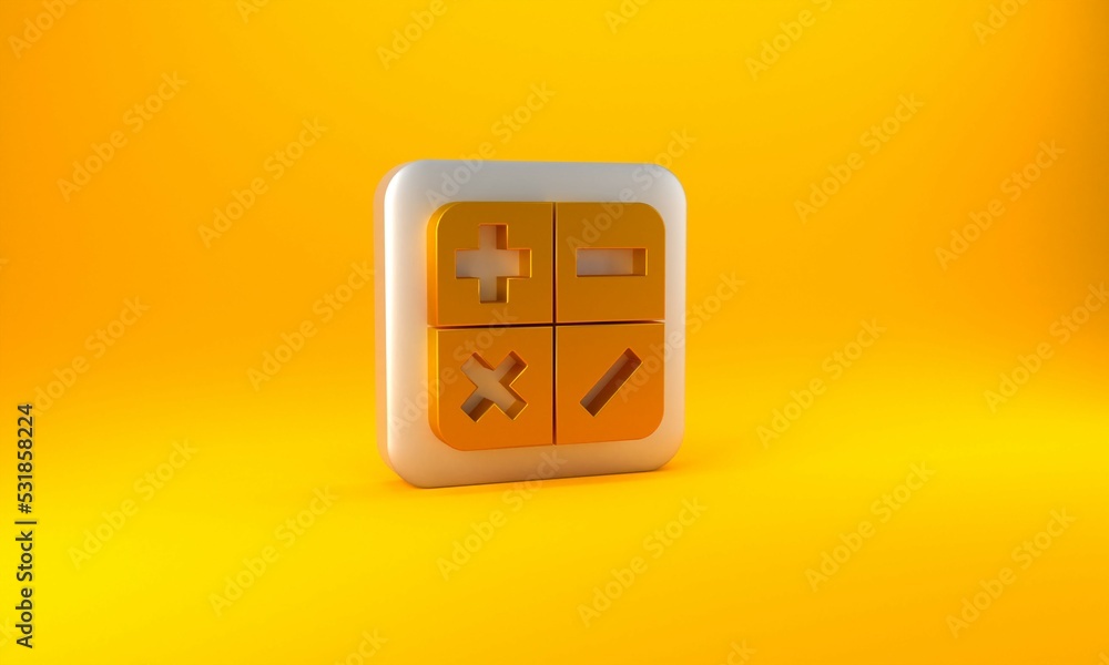 Gold Calculator icon isolated on yellow background. Accounting symbol. Business calculations mathema