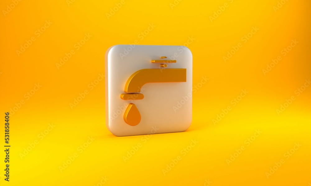 Gold Water tap with a falling water drop icon isolated on yellow background. Silver square button. 3