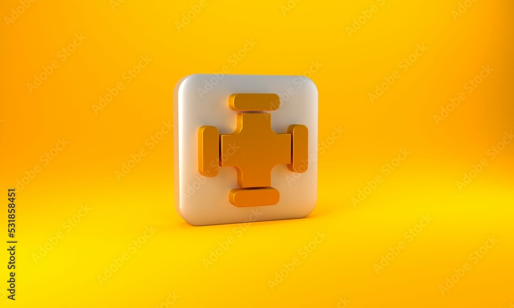 Gold Industry metallic pipe icon isolated on yellow background. Plumbing pipeline parts of different