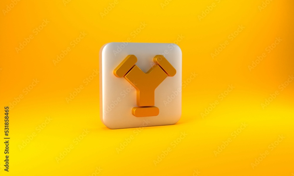 Gold Industry metallic pipe icon isolated on yellow background. Plumbing pipeline parts of different