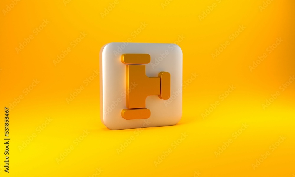 Gold Industry metallic pipe icon isolated on yellow background. Plumbing pipeline parts of different