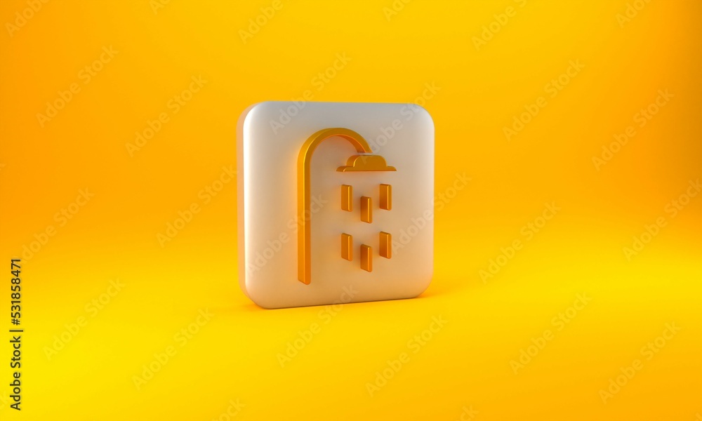 Gold Shower head with water drops flowing icon isolated on yellow background. Silver square button. 