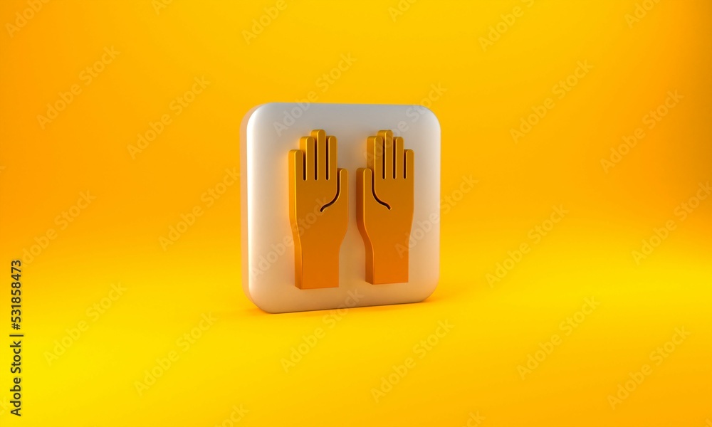 Gold Rubber gloves icon isolated on yellow background. Latex hand protection sign. Housework cleanin