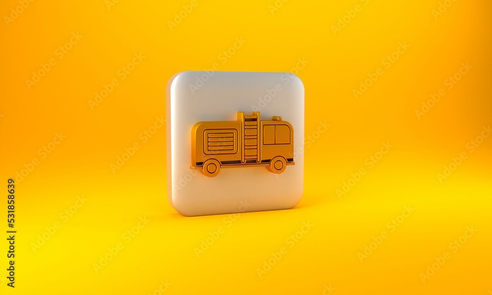 Gold Fire truck icon isolated on yellow background. Fire engine. Firefighters emergency vehicle. Sil