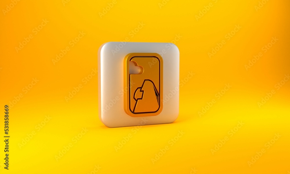 Gold Airplane window icon isolated on yellow background. Aircraft porthole. Silver square button. 3D