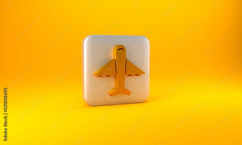 Gold Plane icon isolated on yellow background. Flying airplane icon. Airliner sign. Silver square bu